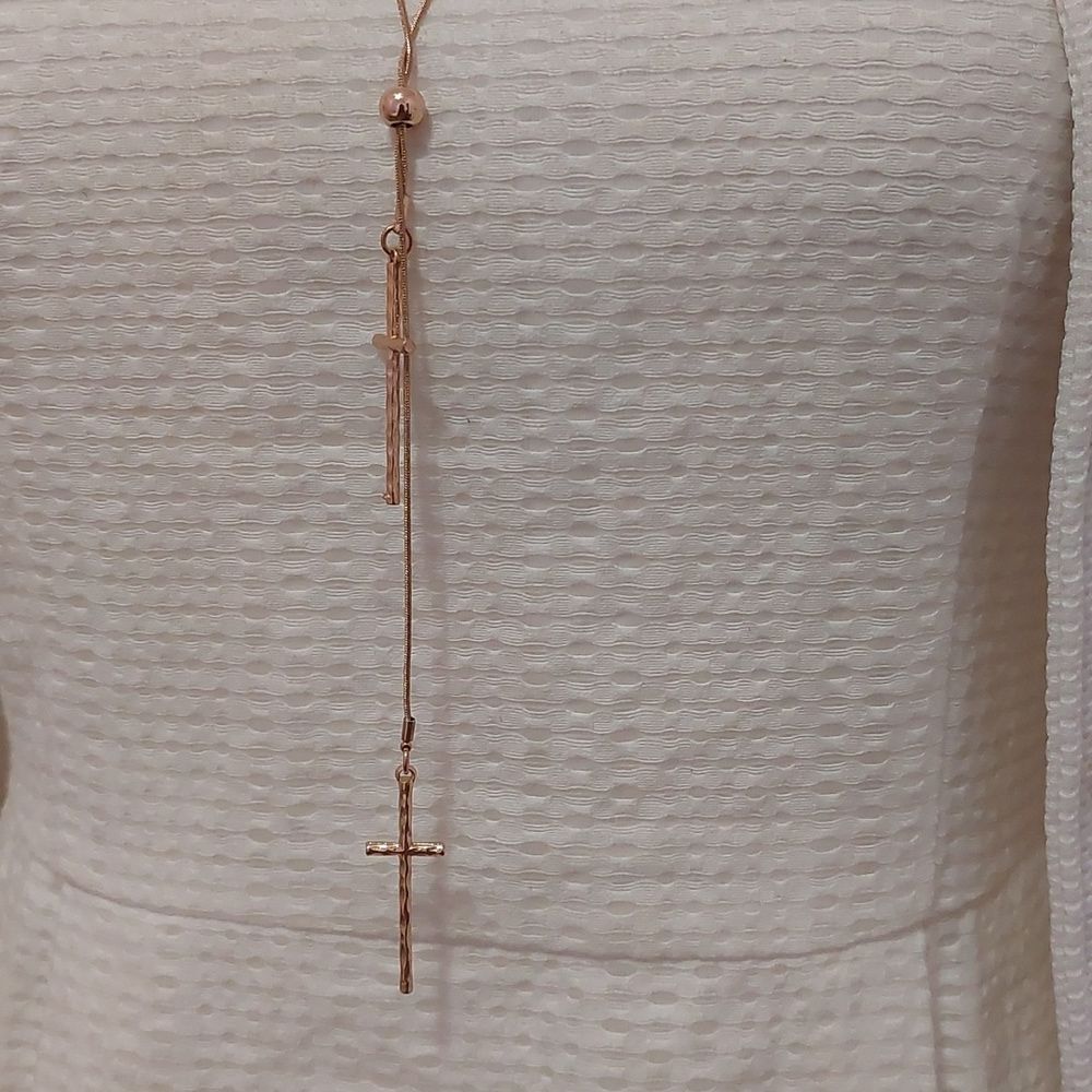 Trendy Chic Multilayered Double Cross Pendant Bolo Statement Necklace Gold Tone - Picture 5 of 7